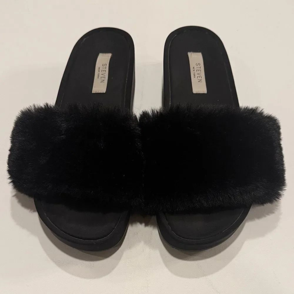 Steven Black Fur Women's Slippers